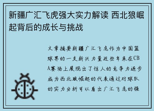 新疆广汇飞虎强大实力解读 西北狼崛起背后的成长与挑战