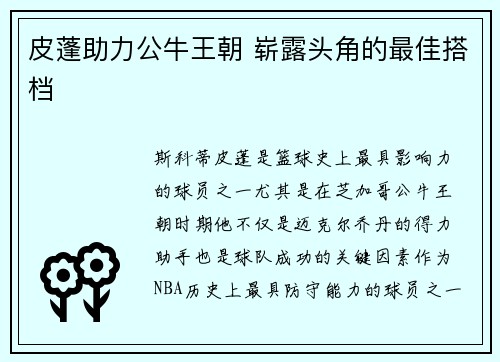 皮蓬助力公牛王朝 崭露头角的最佳搭档